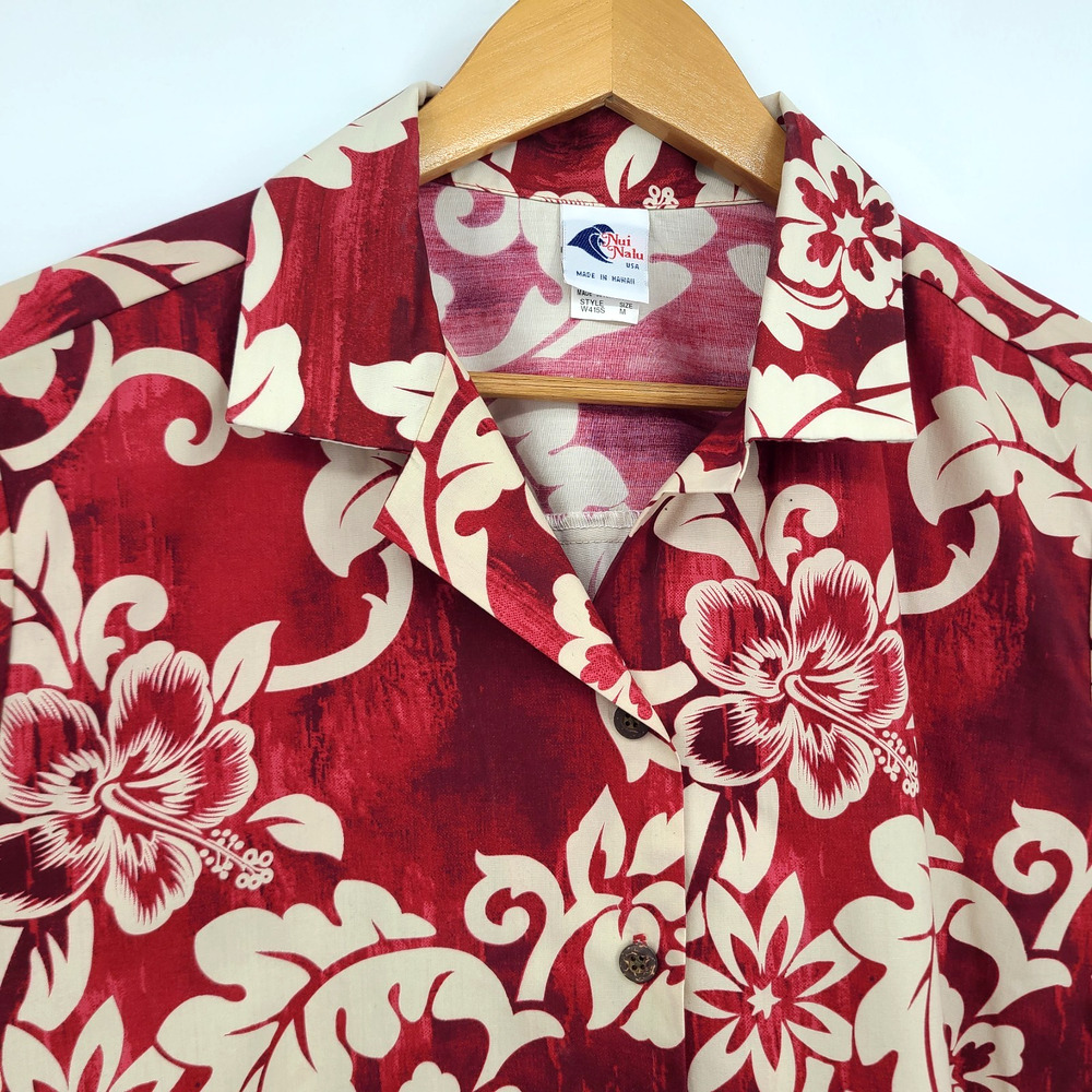 VTG Nui Nalu Hawaiian Shirt Red Cream Hibiscus Aloha Cabana Resortwear Size M